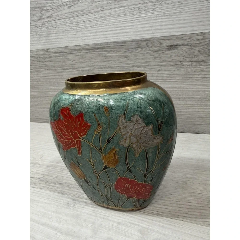 Solid Brass Polychrome Painted Lotus Vase Teal Gold Floral MCM 6